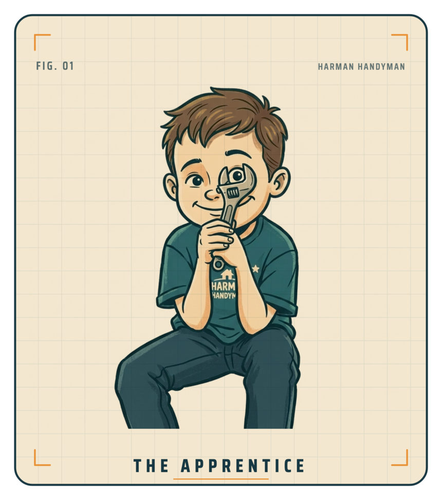 The Harman Handyman apprentice, a young boy holding a wrench, drawn as a workshop blueprint
